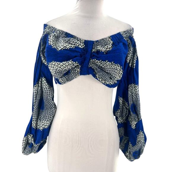 Ofuure African print long puff sleeve crop top sz L XL - Picture 1 of 3